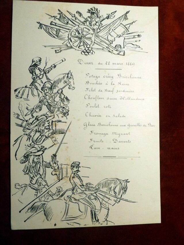 JACQUET, Gustave - IIe REGIMENT D'ARTILLERIE (France). : « Menu du dîner du 28 mars 1889 pour le Régiment d'Artillerie. »